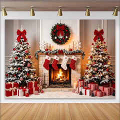 Lofaris Festlicher Weihnachtshintergrund mit Kamin und geschmückten Weihnachtsbäumen, gemütliche Kulisse für Familienfotos und Winterdekoration