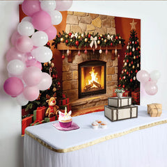 Lofaris Gemütlicher Kamin Weihnachts-Hintergrund mit Bäumen und Geschenken, festliche Kulisse für Familienfotos und Winterdekoration