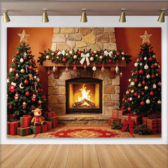 Lofaris Gemütlicher Kamin Weihnachts-Hintergrund mit Bäumen und Geschenken, festliche Kulisse für Familienfotos und Winterdekoration