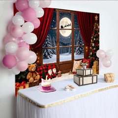 Lofaris Weihnachtshintergrund mit Fenster, Schnee und Weihnachtsmann Schlitten, festliche Kulisse für Familienfotos und Winterdekoration