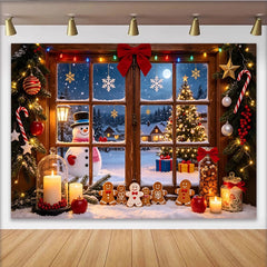 Lofaris Weihnachtshintergrund mit verschneitem Fenster und Lebkuchenmännern, festliche Kulisse für Winterparty Dekoration