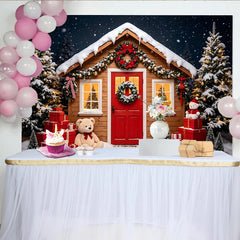 Lofaris Verschneiter Weihnachtshintergrund mit Holzhütte und beleuchteten Bäumen, festliche Kulisse für Winterfotos und Dekoration
