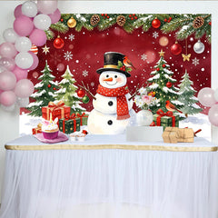 Lofaris Roter Weihnachtshintergrund mit Schneemann und Weihnachtsbäumen, festliche Winterkulisse für Fotoshooting und Partydekoration