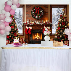 Lofaris Gemütlicher Weihnachts-Hintergrund mit Kamin und geschmückten Bäumen, festliche Fotokulisse für Familienfotos und Winterdekoration