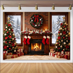 Lofaris Gemütlicher Weihnachts-Hintergrund mit Kamin und geschmückten Bäumen, festliche Fotokulisse für Familienfotos und Winterdekoration