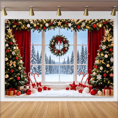 Lofaris Festlicher Weihnachts-Hintergrund mit Fensterblick und verschneiten Bäumen, gemütliche Winterlandschaft Kulisse für Familienfotos