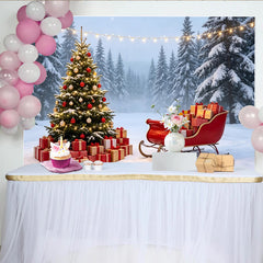 Lofaris Winterwald Weihnachtsbaum Schlitten Geschenke Weihnachts-Hintergrund, festliche Schneelandschaft Fotowand für Familienfotos