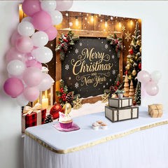 Lofaris Goldener Weihnachtshintergrund mit Lichterkette und Schneeflocken für Neujahr, festliche Kulisse in Holzoptik für Winterparty