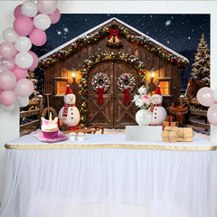Lofaris Winterliche Scheune Weihnachts-Hintergrund mit Schneemännern und Geschenken, festliche Fotowand für Familienfotos und Winterdekoration