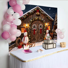 Lofaris Winterliche Scheune Weihnachts-Hintergrund mit Schneemännern und Geschenken, festliche Fotowand für Familienfotos und Winterdekoration