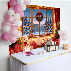 Lofaris Festlicher Weihnachtshintergrund mit verschneitem Fenster und Christbäumen, gemütliche Fotokulisse für Winterpartys