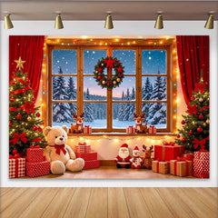 Lofaris Festlicher Weihnachtshintergrund mit verschneitem Fenster und Christbäumen, gemütliche Fotokulisse für Winterpartys