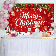 Lofaris Roter Merry Christmas Weihnachts-Hintergrund mit Schneemann und Bäumen, festliche Fotowand für Winterparty und Fotoshooting