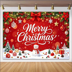 Lofaris Roter Merry Christmas Weihnachts-Hintergrund mit Schneemann und Bäumen, festliche Fotowand für Winterparty und Fotoshooting