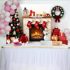 Lofaris Festlicher Weihnachtshintergrund mit Kamin und Weihnachtsbaum, gemütliche Kulisse für Winterfeier und Familienfotos
