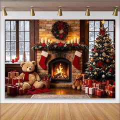 Lofaris Gemütlicher Weihnachts-Hintergrund mit Kamin und Weihnachtsbaum, festliche Fotokulisse für Familienfotos und Winterdekoration
