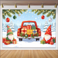 Lofaris Roter Pickup-Truck Weihnachts-Hintergrund mit Wichteln und Geschenken, festliche Winterdekoration für Fotoshooting