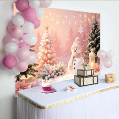 Lofaris Rosa Schneemann-Weihnachtshintergrund mit Tannenbäumen und Schneeflocken, winterliche Fotokulisse für festliche Dekoration