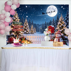 Lofaris Magischer Weihnachtshintergrund mit fliegendem Weihnachtsmann und Rentieren, verschneite Winterlandschaft für festliche Fotoshootings
