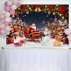 Lofaris Weihnachtsmann Rentier Weihnachtshintergrund, Winterdorf mit Schnee und Geschenken, festliche Fotokulisse für Weihnachtsfeiern