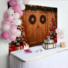 Lofaris Festlicher Weihnachtsbaum Scheunentor Hintergrund mit roten Kugeln, winterliche Fotokulisse für Familienfotos und Events