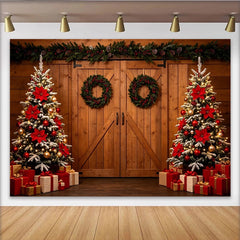 Lofaris Festlicher Weihnachtsbaum Scheunentor Hintergrund mit roten Kugeln, winterliche Fotokulisse für Familienfotos und Events