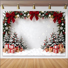 Lofaris Verschneiter Weihnachts-Hintergrund mit Bäumen und roten Schleifen, festliche Kulisse für Winterfotos und Weihnachtsdekoration