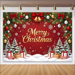 Lofaris Roter Weihnachts-Hintergrund mit goldenem Merry Christmas Schriftzug, festliche Fotowand für Winterparty und Familienfeier
