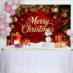 Lofaris Roter Weihnachts-Hintergrund mit goldenem Merry Christmas Schriftzug und Tannenzweigen, festliche Fotowand für Winterparty