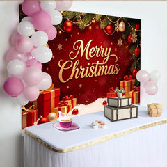Lofaris Roter Weihnachts-Hintergrund mit goldenem Merry Christmas Schriftzug und Tannenzweigen, festliche Fotowand für Winterparty