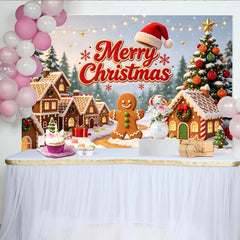 Lofaris Fröhlicher Weihnachts-Lebkuchenhaus-Hintergrund mit Schnee und Tannenbäumen, festliche Fotowand für Winterdekoration und Fotoshootings
