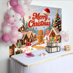 Lofaris Fröhlicher Weihnachts-Lebkuchenhaus-Hintergrund mit Schnee und Tannenbäumen, festliche Fotowand für Winterdekoration und Fotoshootings