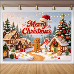 Lofaris Fröhlicher Weihnachts-Lebkuchenhaus-Hintergrund mit Schnee und Tannenbäumen, festliche Fotowand für Winterdekoration und Fotoshootings