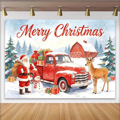 Lofaris Fröhlicher Weihnachtshintergrund mit Weihnachtsmann rotem LKW und Geschenken, winterliche Fotokulisse für Familienfotos und Partydeko