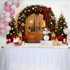 Lofaris Festlicher Weihnachtshintergrund mit Türbogen Tannenbäumen und Geschenken, elegante Kulisse für Fotoshootings und Winterdekoration