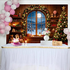 Lofaris Festlicher Weihnachtshintergrund mit verschneitem Fenster und Baum, gemütliche Kulisse für Winter-Fotoshooting und Partydekoration