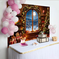 Lofaris Festlicher Weihnachtshintergrund mit verschneitem Fenster und Baum, gemütliche Kulisse für Winter-Fotoshooting und Partydekoration