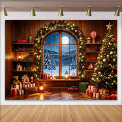 Lofaris Festlicher Weihnachtshintergrund mit verschneitem Fenster und Baum, gemütliche Kulisse für Winter-Fotoshooting und Partydekoration