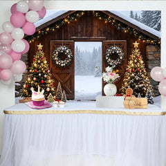 Lofaris Rustikaler Weihnachts-Hintergrund mit beleuchteten Weihnachtsbäumen, winterliche Kulisse für festliche Familienfotos und Events