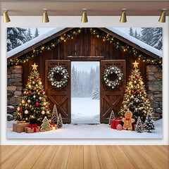 Lofaris Rustikaler Weihnachts-Hintergrund mit beleuchteten Weihnachtsbäumen, winterliche Kulisse für festliche Familienfotos und Events