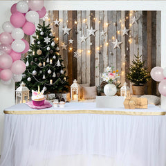 Lofaris Rustikaler Weihnachtshintergrund mit Weihnachtsbaum und Lichterkette, Sterne und Geschenke als festliche Kulisse für Familienfotos