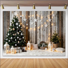 Lofaris Rustikaler Weihnachtshintergrund mit Weihnachtsbaum und Lichterkette, Sterne und Geschenke als festliche Kulisse für Familienfotos