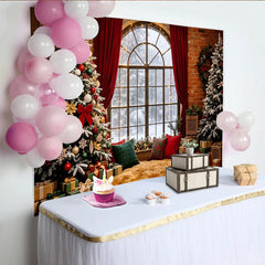 Lofaris Gemütlicher Weihnachts-Hintergrund mit Fenster und verschneiter Winterlandschaft, festliche Kulisse für Fotoshooting