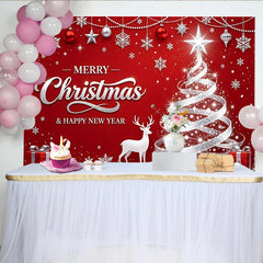 Lofaris Festlicher roter Weihnachts-Hintergrund mit Glitzerbaum und Rentier, funkelnde Kulisse für Neujahrsfeier und Winter-Fotoshooting