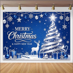 Lofaris Blau Silber glitzernder Weihnachtshintergrund mit Weihnachtsbaum und Rentier, festliche Fotokulisse für Winterwunderland Dekoration