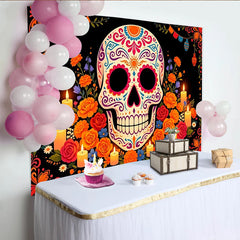 Lofaris Leuchtender Dia de los Muertos Zuckerschädel Hintergrund mit Blumen und Kerzen, farbenfrohe mexikanische Kulisse für Fotostudio