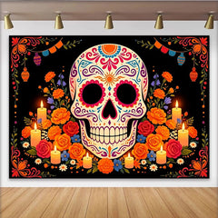 Lofaris Leuchtender Dia de los Muertos Zuckerschädel Hintergrund mit Blumen und Kerzen, farbenfrohe mexikanische Kulisse für Fotostudio