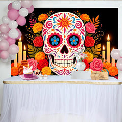 Lofaris Bunter Día de los Muertos Hintergrund mit Zuckerschädel und Blumen, festliche Fotowand für mexikanische Feierlichkeiten