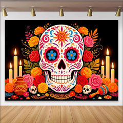 Lofaris Bunter Día de los Muertos Hintergrund mit Zuckerschädel und Blumen, festliche Fotowand für mexikanische Feierlichkeiten