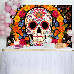 Lofaris Bunter Zuckerschädel Hintergrund für Día de los Muertos Feier, lebendige Fotokulisse mit Blumen und Mustern für mexikanische Feste
